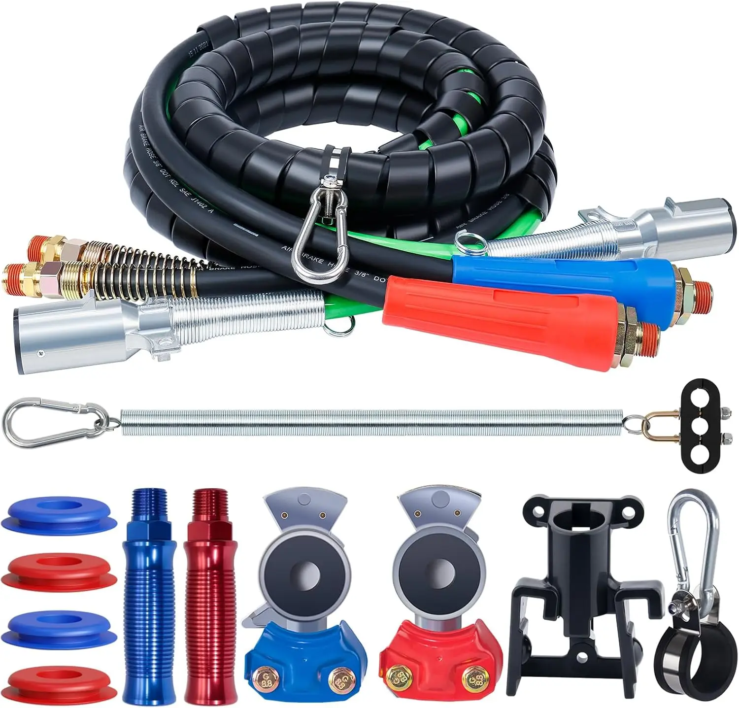 Semi Truck Air Lines Kit 12 FT 3 in 1 ABS Electric Power Line Air Hoses with Gladhands, Handles, Holder and Tender Spring Kit for Semi Truck Trailer Tractor Brake System