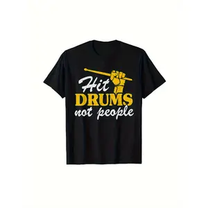 Men's 100% Cotton Casual Round Neck Shortsleeve Streetwear Retro Graphic Tee, Menswear with 'Drumming Not Hitting' Yellow Print on Black Background, Regular Fit for Drummers
