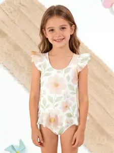 Summer Collection Girls' One-Piece Swimsuit Sun Protection Quick-Dry Swimming Suit Floral Pattern With Pink Flowers And Green Leaves Beach Vacation Hot Spring Swimsuit Quick-Drying Lightweight Breathable
