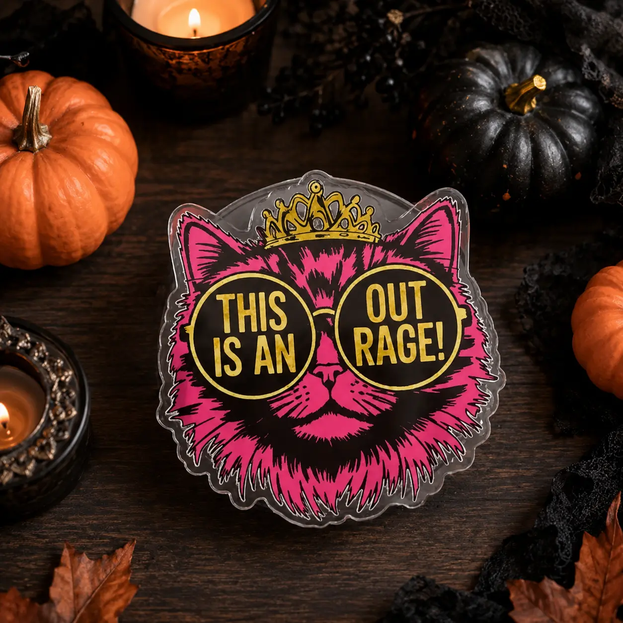 Aesthetic 2D Acrylic Funny Cat Phone Grip, This Is An Outrage Pop Socket, Cute Pink Cat Stand