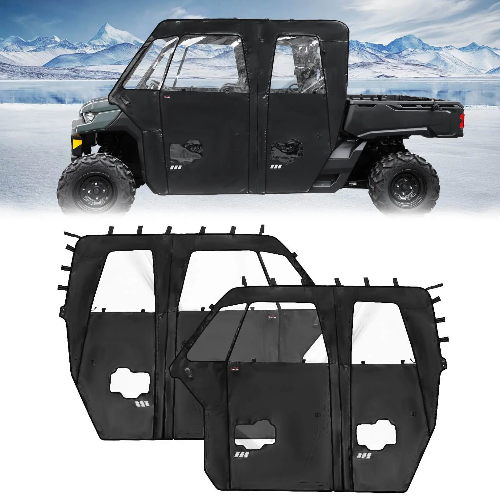 StarknightMT Soft UTV Cab Enclosure Doors & Full PVC Film Windshield Kit - 1200D Oxford Fabric, Double-Zipper, Hook-Loop, Weatherproof, Reflective Strips, Custom Fit for Can-Am Defender Max HD 7/8/9/10 DSP XT XMR 2017-2024 (Fits Side Mirrors, Roofs)