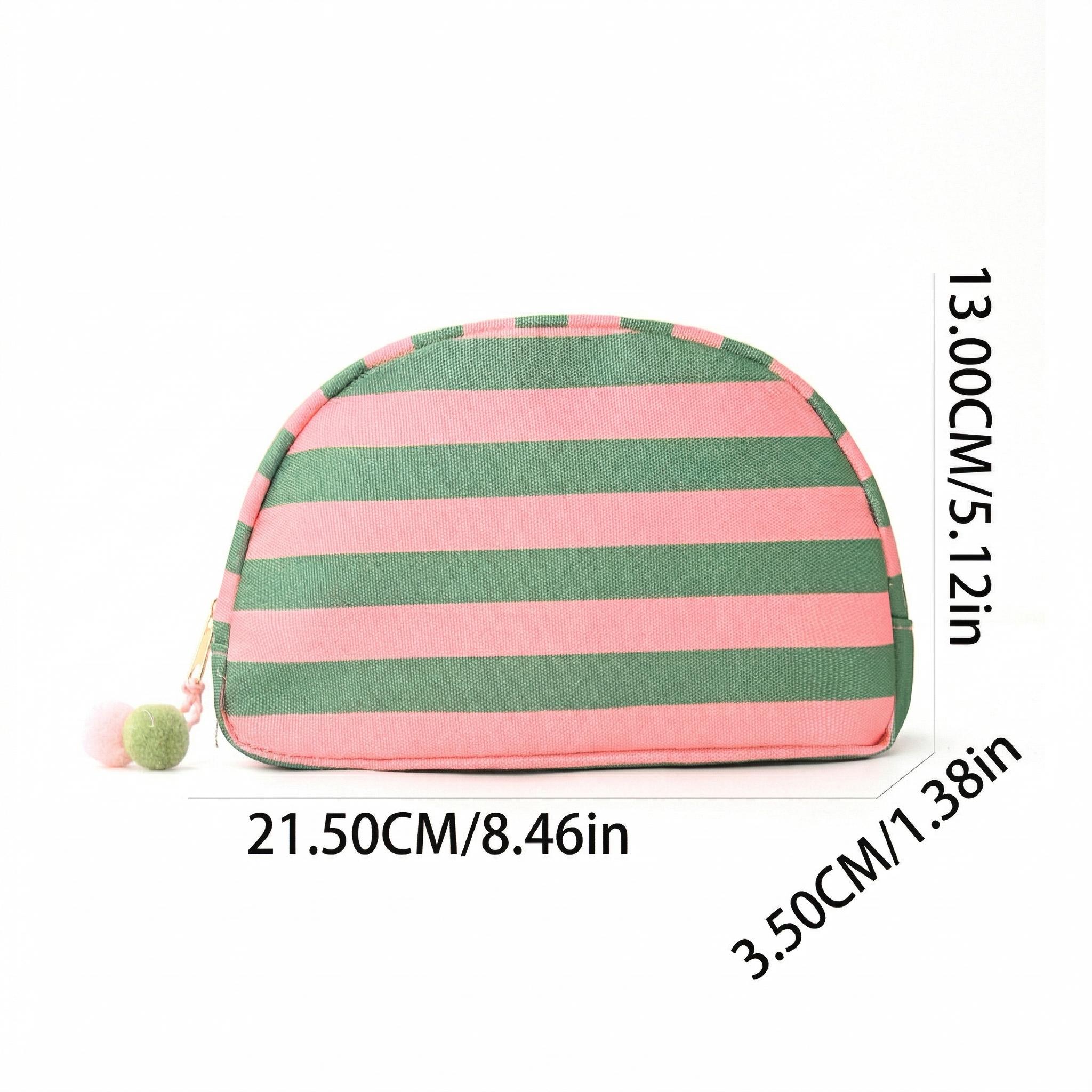 Striped Half Moon Makeup Bag, Preppy Canvas Cosmetic Pouch with Cute Pom Pom Zipper, Large Travel Toiletry Organizer, Aesthetic Skincare Storage Bag for Women & Teen Girls