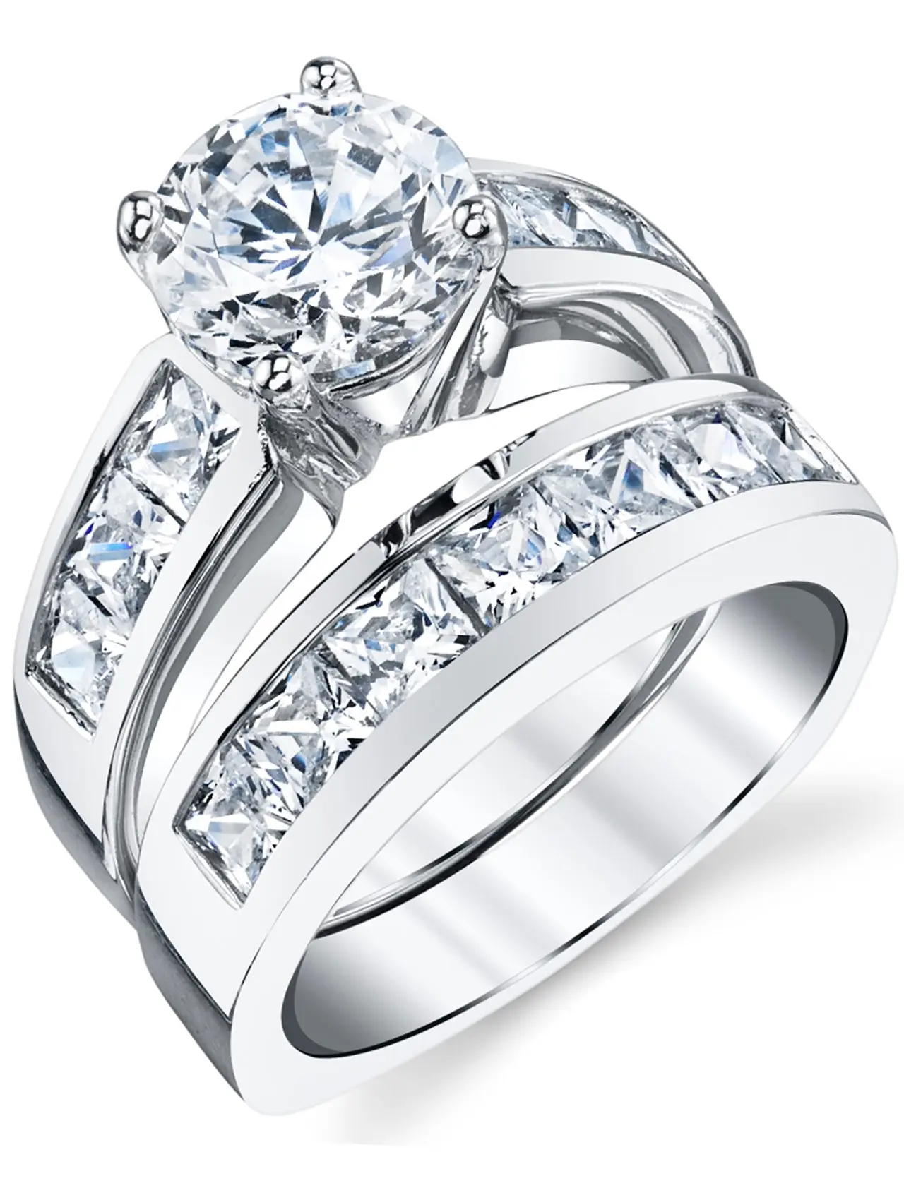 Women's Sterling Silver Elegant Engagement Bridal Jewelry Ring Set - 3.35ct Round & Princess-Cut CZ Artificial Zircon Fashion Ring, Fashion Rings