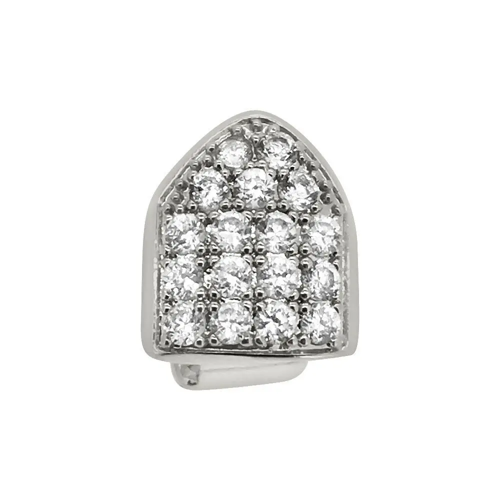 1-Piece Brass Grillz Single Cap, Silver-Tone Rhodium-Plated Iced Out with CZ Gem, Removable Hip Hop Silicone-Fit Dental Teeth Accessory, Custom-Fit Body Jewelry