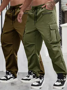 Large Size Men's Casual Sport Cargo Pants Set, Plain Multi-Pocket Design, Beach Wear, Daily Commute, Running, Fitness, Straight Leg