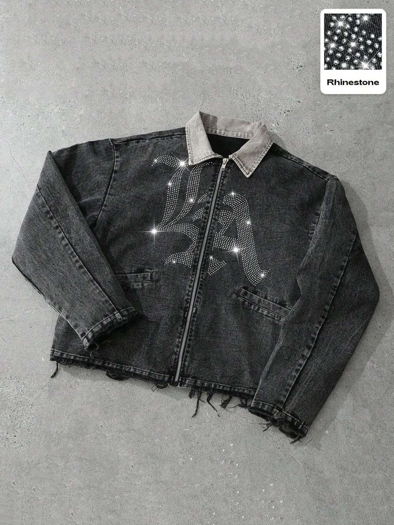 Denim Water Wash All Season Jacket Coats Za Short Style, Long Sleeve Vintage, Color Block Collar & Sparkling Rhinestone Graphic Text, Fitted Everyday Casual Streetwear Outerwear Fashion