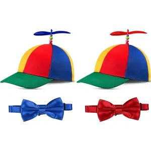 2 Pieces Adult Propeller Hat Helicopter Hat Rainbow Baseball Cap Funny Clown Hat and 2 Pieces Blue and Red Pre-Tied Bow Tie Adjustable Length Satin Bow Tie