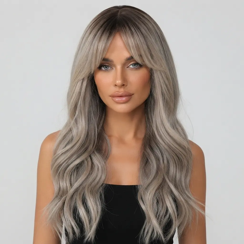 Women's Ombre Light Gray Synthetic Full Machine Wig - Long Wavy, Root-Dyed Big Loose Wave with Curtain Bangs, Fluffy Fashion Wig for Daily Use, Parties