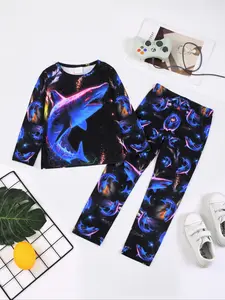 2 Pcs Kids Long Sleeve Round Neck Top & Pants Set, Digital Print Shark Design, Casual Loose Fit Home Wear Sleepwear Pajama Lounge Sets for Fall Winter