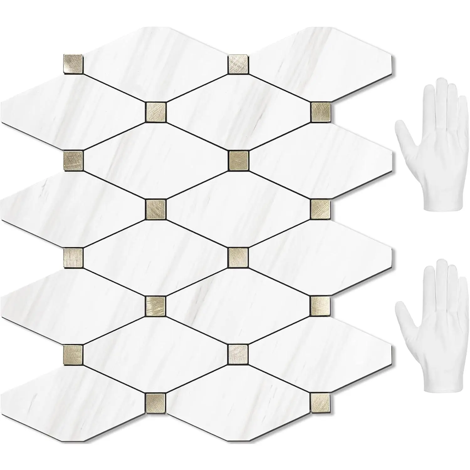10 Sheets Peel and Stick Dolomite Mosaic Tile, White Marble Look PVC Mixed Metal Gold Kitchen Backsplash for Fireplace, RV