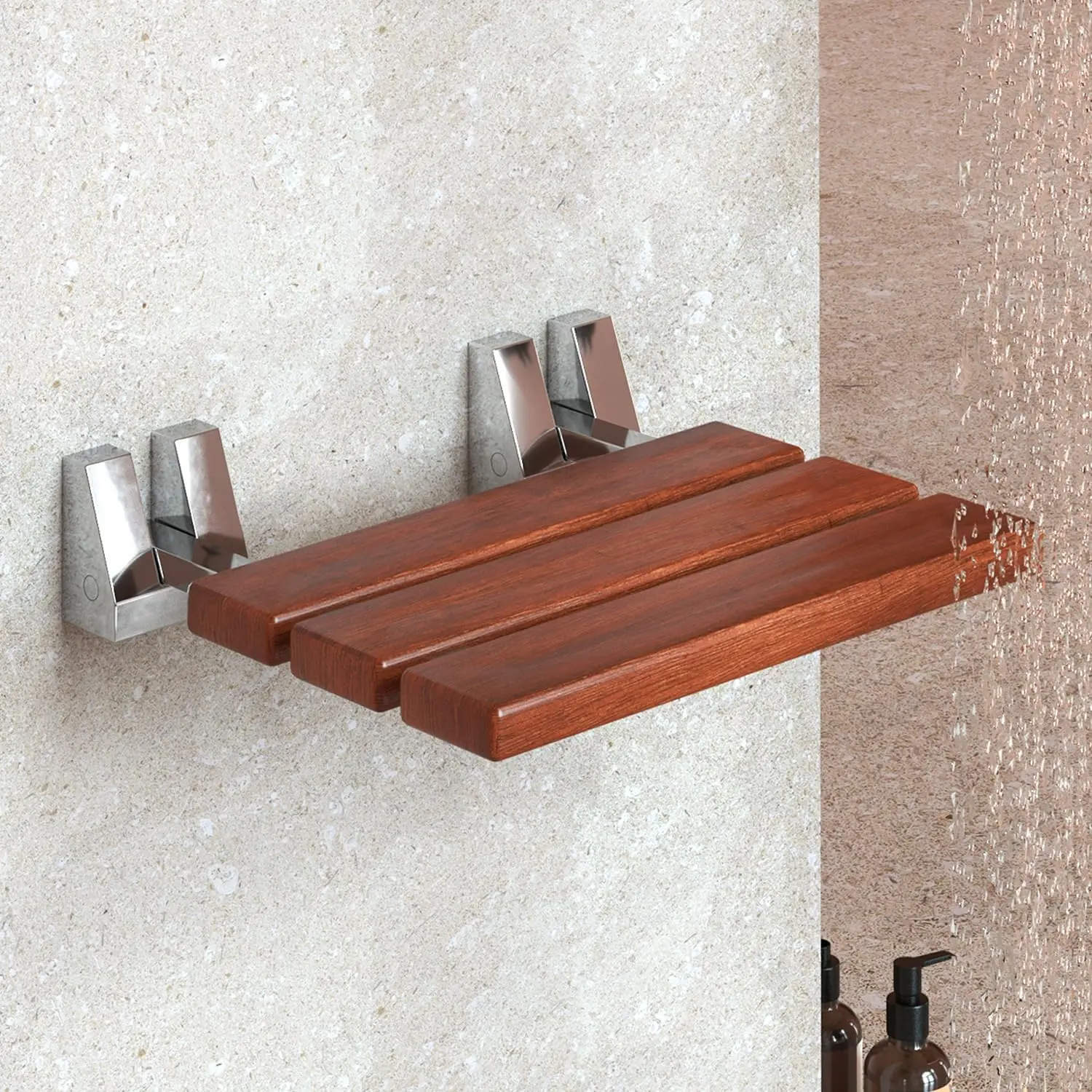 Folding Shower Seat - Teak Shower Seat Wall Mounted - 16 Inch Floating Fold Down in Shower Bench - Fold Up Bathroom Stool - Foldable Teak  Chair with Stainless Steel Wall Mount - 330lb Capacity