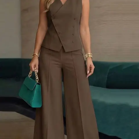 Celderio Women Office Casual Elegant Chic Minimalist V-Neck Sleeveless Button Vest Plain Wide Leg Pants 2PCS Suits Set