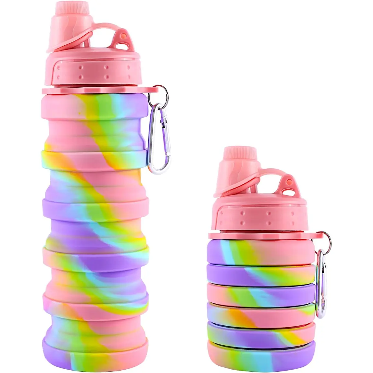 Rainbow Collapsible Folding Water Bottles for Kids, Students, Adults, Reusable BPA Free Silicone Foldable Sports Water Bottles for Travel Camping Hiking, Pink