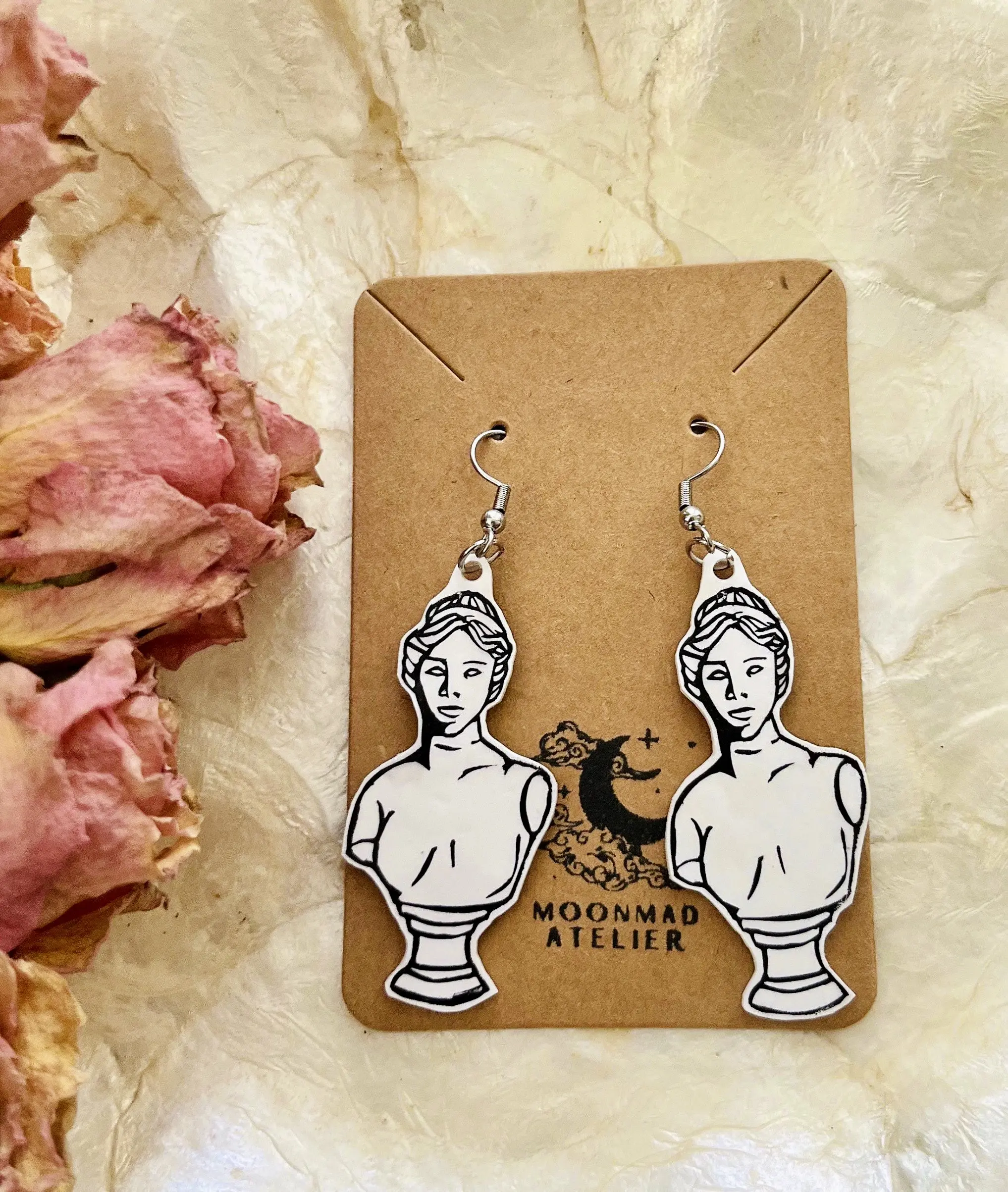 Greek statue of Aphrodite dangle shrink plastic earrings - dark academia inspired