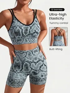 Sports Set / Ribbed Stripes / Cycling and Fitness / Deep U Tank Style / High-Waist Body Shaping / Butt-Lifting and Shaping Fitness Women's Set
