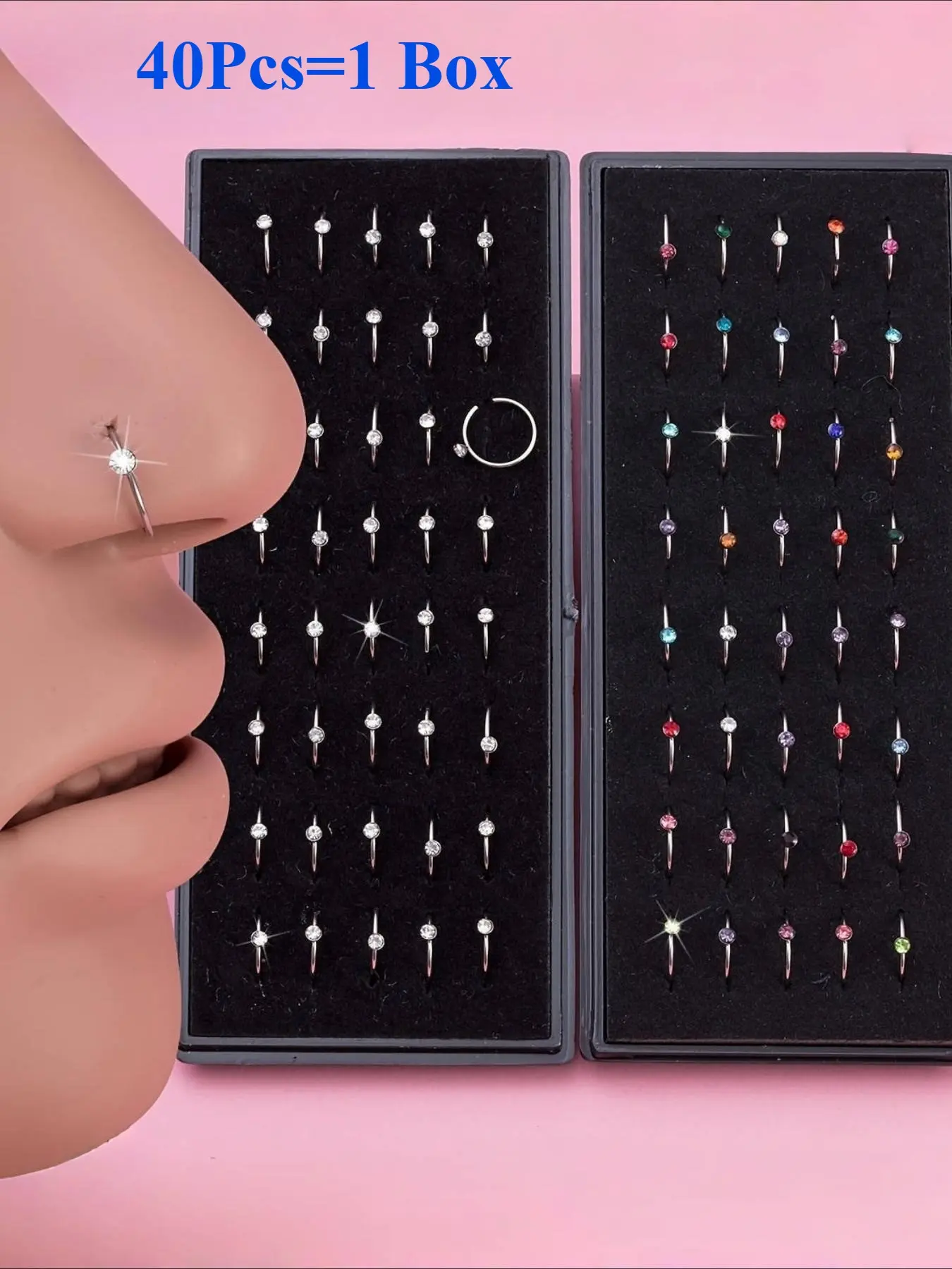 40pcs Elegant Rhinestone Nose Rings Set, Spiral Nose Ring, Acrylic Nostril Piercing Hoop Rings, 8mm Cartilage Tragus Daith Earrings, 20 Gauge, Cute Daily & Party Accessory, All-Season Jewelry, Body Piercing Jewelry, Piercings Jewelry