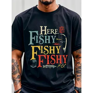 Men'S "Here Fishy Fishy" Graphic T-Shirt - 100% Cotton Soft Breathable Quick-Dry Crew Neck Tee with Vibrant Fish Print & Fishing Saying, Casual Summer Wear for Adults, Four Seasons Comfort, Playful Design, Fishing Shirt