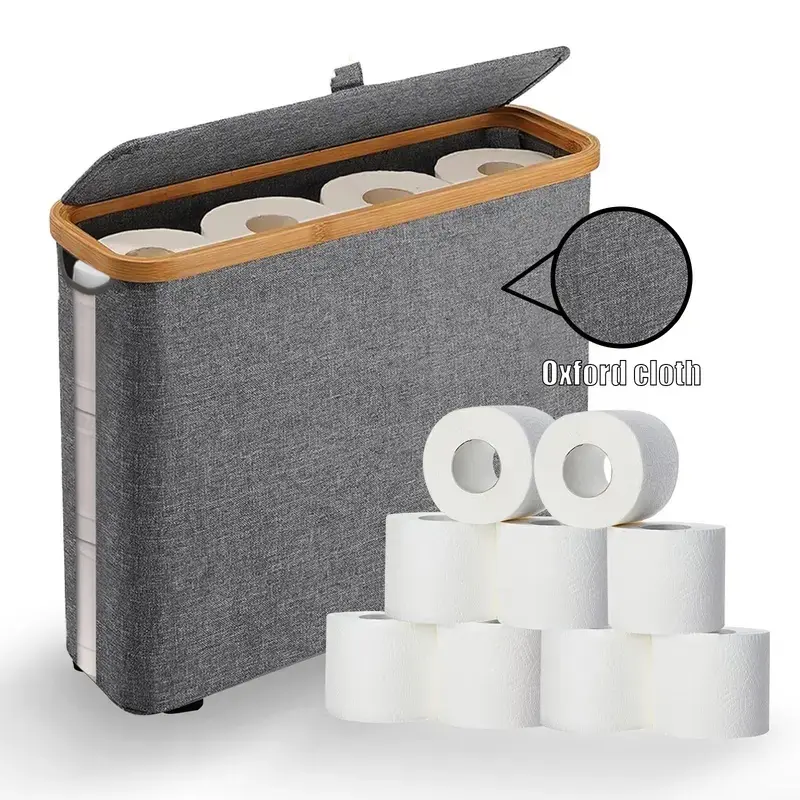 Bamboo Wood Bathroom Basket Organizer with Lid - Large-Capacity, Dustproof, No-Installation, Vertical Wall-Corner Design Grey Toilet Paper Holder for Tidy Bathrooms