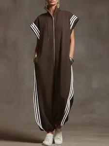 2026 European and American Cross-Border Export Zipper Stand Collar Sleeveless Striped Colorblock Casual Fashion Romper, Trendy One-Piece for Women
