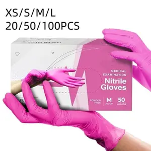 20/50/100pcs pink disposable nitrile gloves - latex free, powder free, suitable for kitchen, cleaning, nail art, hairdressing, and tool use - available in XS/S/M/L sizes