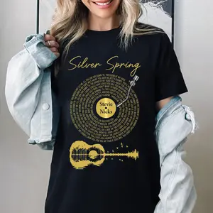 Silver Springs Song Lyric T-Shirt, Guitar & Vinyl Record Design, Retro Stevie Nicks Music Tee , Cotton, Short Sleeve, Casual, Round Neck