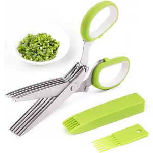 Green Herb Scissors, Kitchen Shears with 5 Blades and Cover, Multipurpose Cutting, Dishwasher Safe, Used for cutting herbs and paper, Stainless Steel, Kitchenware