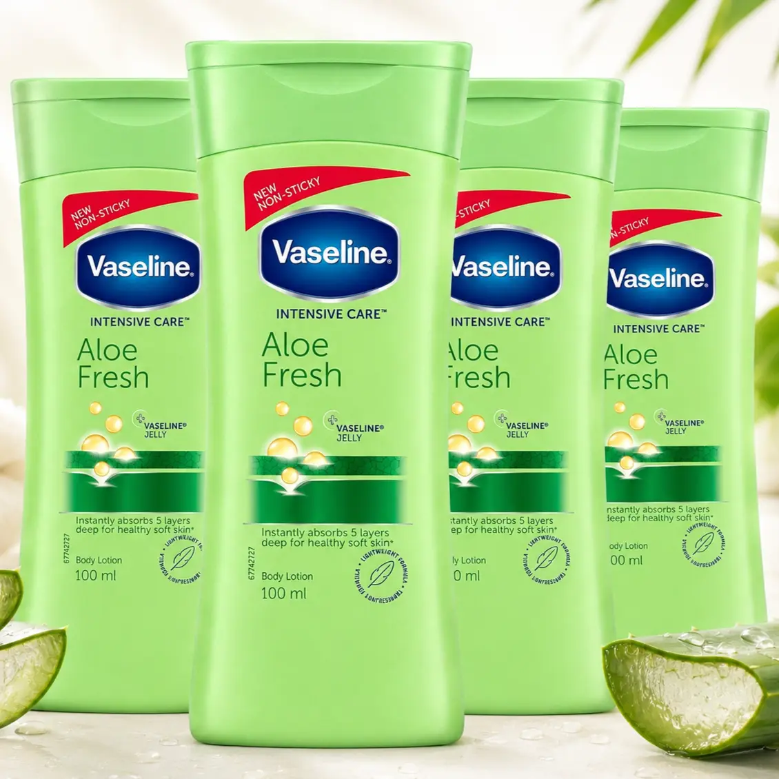 Vaseline Intensive Care Aloe Fresh Lotion Value Multipack Set - 100ml/3.4oz Non-Sticky Light Cream for Sensitive Skin, Daily Application, Deep Hydration with Aloe Vera, Apply Daily