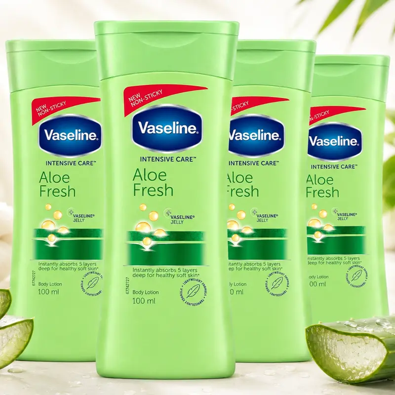 Vaseline Intensive Care Aloe Fresh Body Moisturizer Value Multipack Set - 100ml/3.4oz Non-Sticky Fast-Absorbing Lotion for Sensitive Skin, Cool, Daily Deep Hydration with Aloe Vera, Skin Restoration, Subtle Clean Scent, Beauty Product