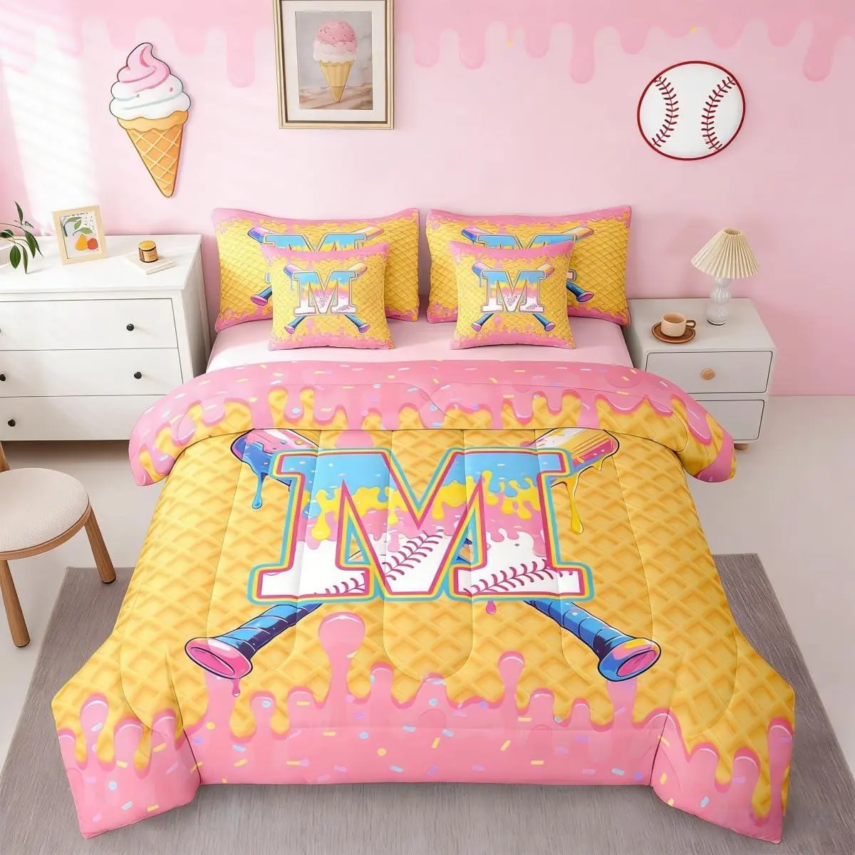 Baseball Comforter Sets with Sheets - Monogrammed Personalized Letter M Bedding Set Baseball Ice Cream Gift 7Pcs Bed in A Bag Sports Ball Game Bed Set