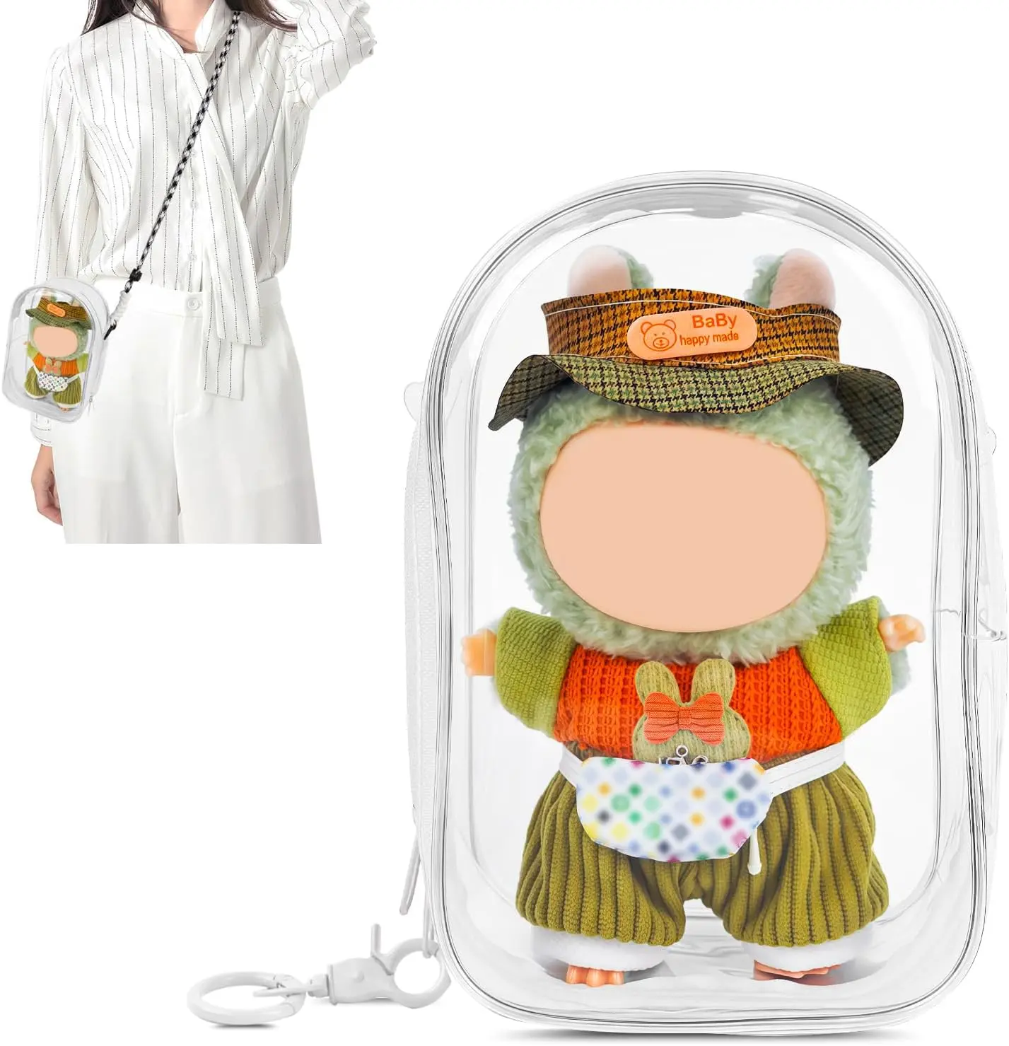 Clear Doll Carrying Bag for Vinyl Plush Doll, Mini Figure Display Purse with Shoulder Strap, Transparent Protective Storage Bag for Collectible Doll Charm, Travel Toy Organizer and Cute Bag Accessory