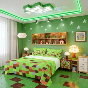 Pixelated Blocks Bed Sheet Set,Gamepad Miners Video Games Sheet Set,Kids Teens,Geometric Camouflage Grid Bedding Decor Set with 1 Flat & 1 Fitted Sheet