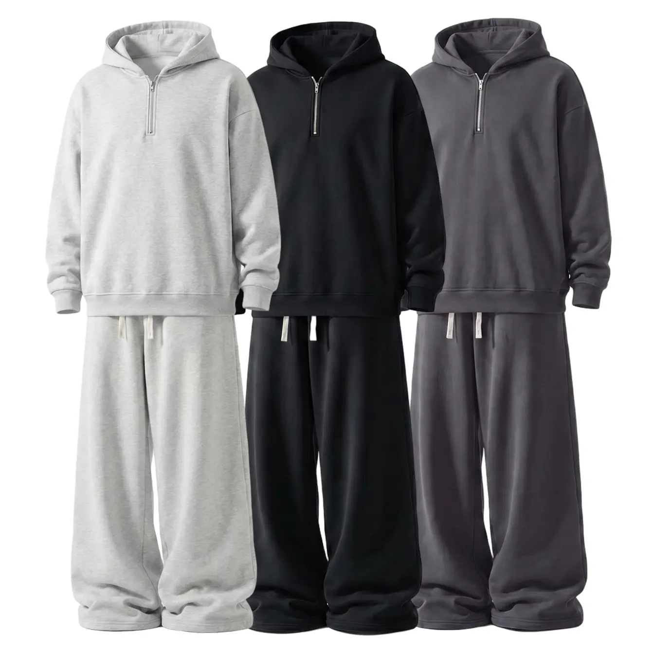 Men’s casual hooded sports set: long-sleeve half-zip hoodie paired with drawstring pants, two-piece set. Regular fit, knit fabric, multicolor combination set with solid color design, suitable for outdoor activities and everyday work.