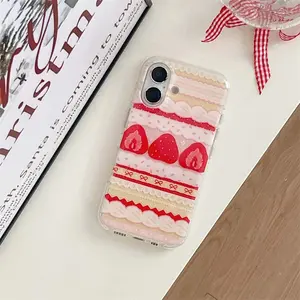 Crystal Transparent White IND | Double layer Color blocked Strawberry | White Background Splicing | Best Friend Gift | Suitable for iPhone 11 12 13 14 15 16 17 Pro Max Casing