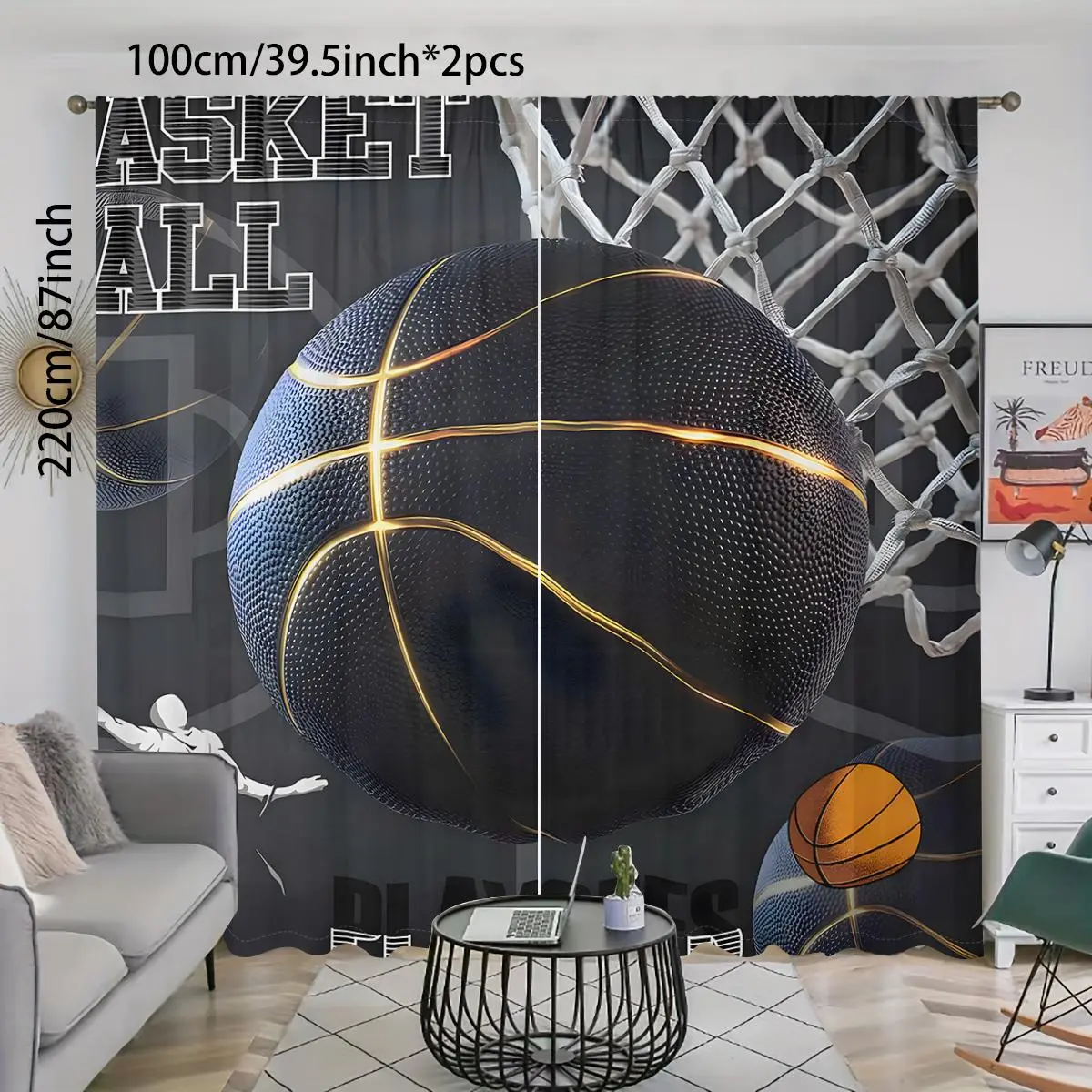 Basketball Sports Pattern Window Curtain, 2 Counts/set Pole Pocket Curtain, Home Decorative Curtain, Home Decor for Bedroom, Living Room, Study, Bathroom, Kitchen, Home Decoration Curtain