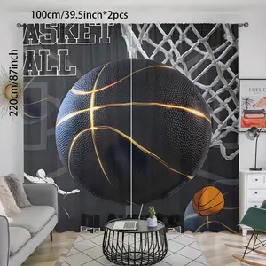 Basketball Sports Pattern Curtain, 2 Counts/set Pole Pocket Curtain, Home Decor for Bedroom, Living Room, Study, Bathroom, Kitchen, Home Decoration Curtain