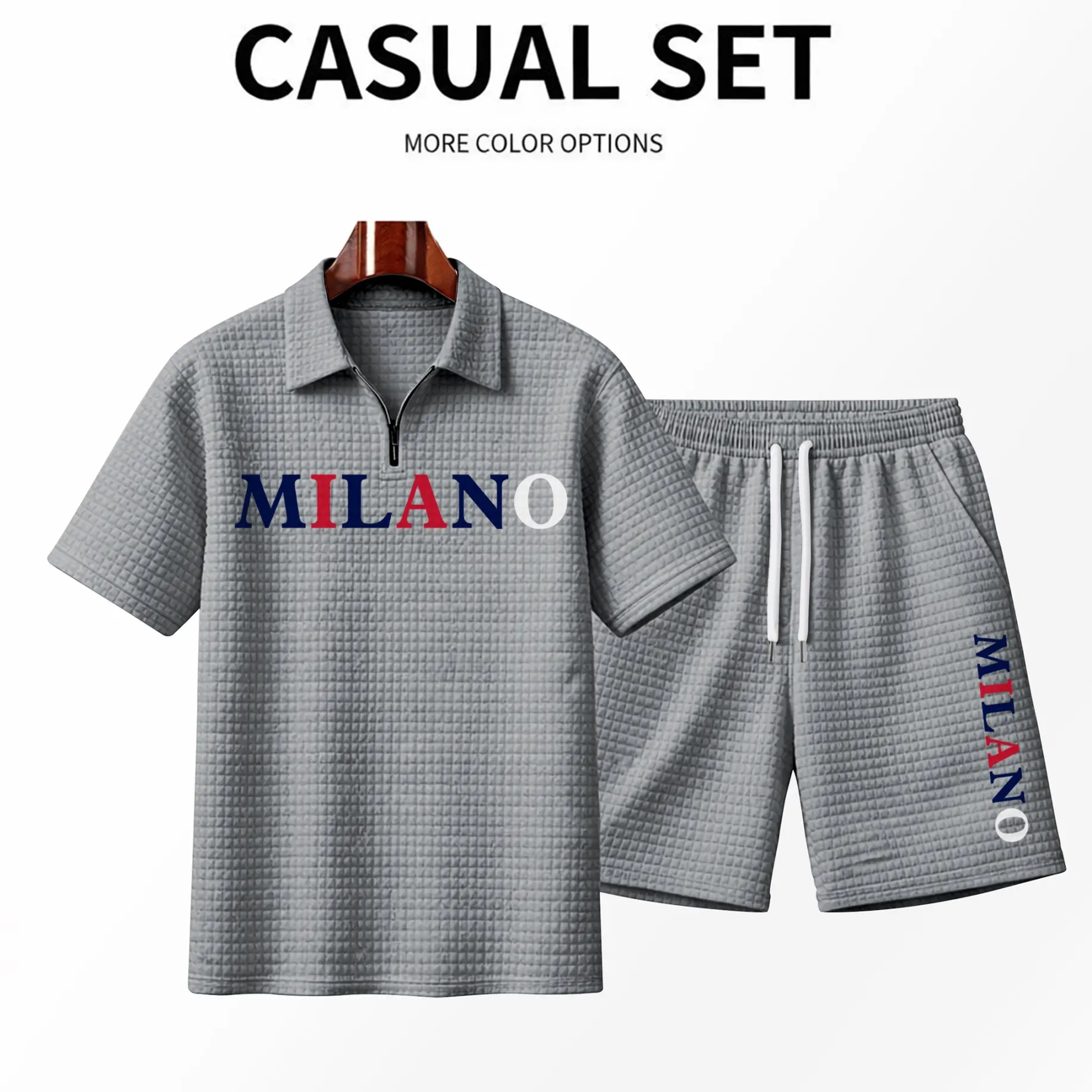 Men's Milan Print Zip-Up Short-Sleeved Polo Shirt And Shorts Set, A Two-Piece Casual And Sporty Outfit For Summer. Features A Solid Color Textured Fabric, Breathable And Comfortable, With A Classic Zip-Up Collar Design. A Stylish Set For Everyday Wear.