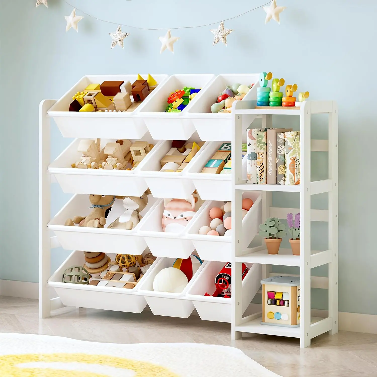 MallBest Toy Storage Organizer with Bookshelf, Kids Wooden Shelf with 12 Removable Bins for Books, Toys, Playroom, Nursery, Bedroom, White, Medium