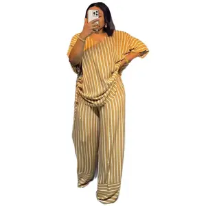 summer spring clothes 2025 Summer New Casual Loose Women's Two Piece Set V-neck Striped Short Sleeve Top Wide Leg Pants Set Womenswear Check