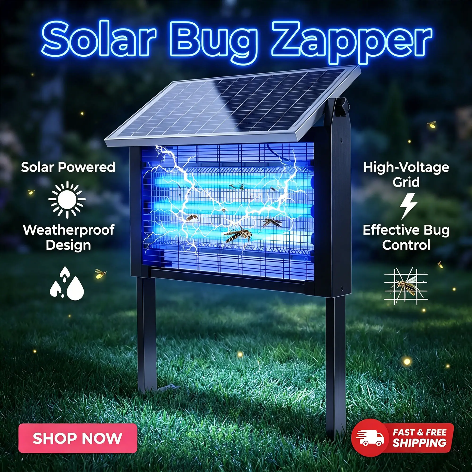 Solar Powered 3 LED Tube Bug Zapper Lamp, USB Rechargeable Eco-Friendly Mosquito Killer, Dual Use Hanging & Standing Insect Trap Light for Camping Patio Backyard Outdoor