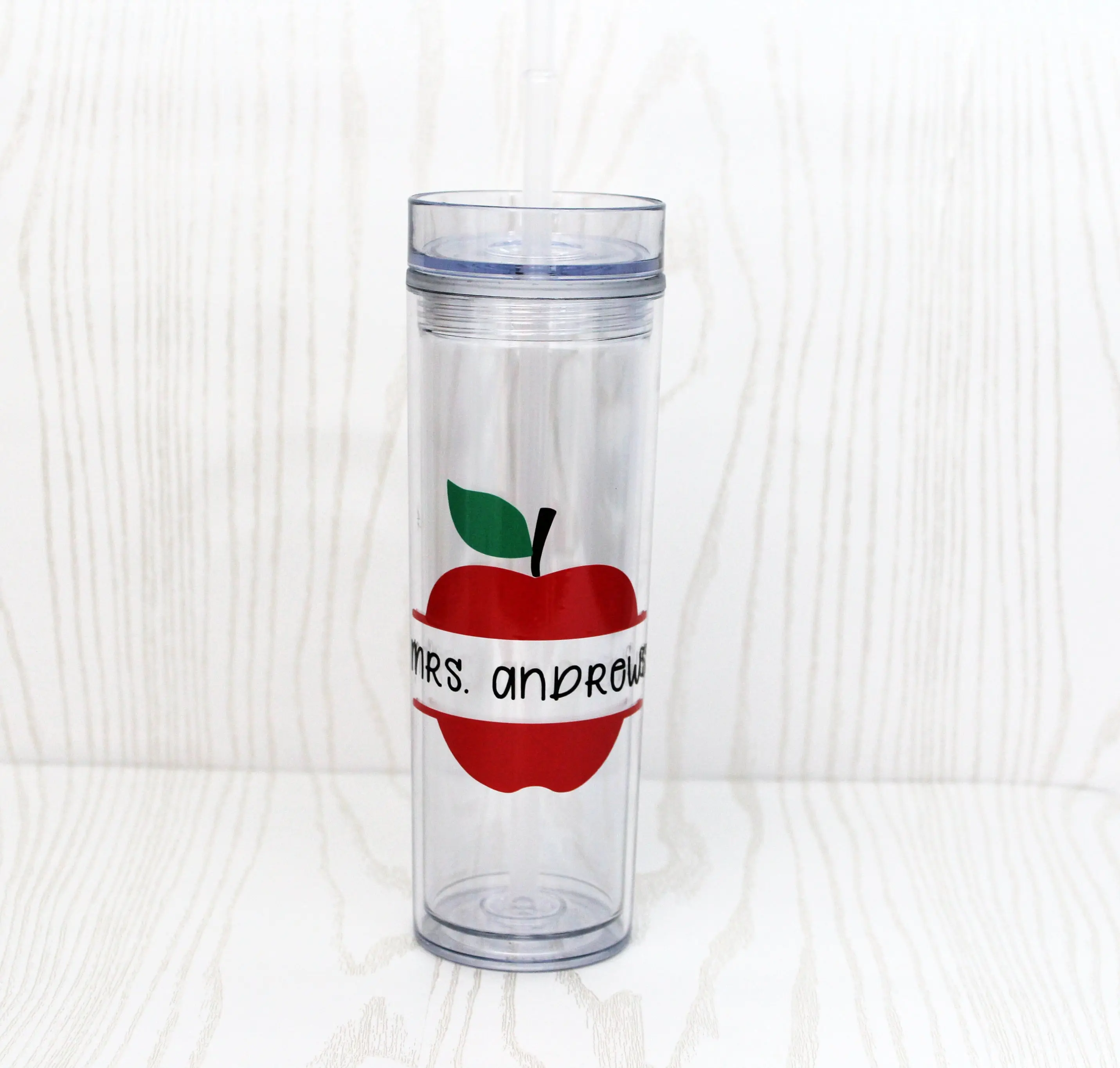 Personalized Apple Teacher Tumbler – Custom Name 16 oz Acrylic Cup with Straw