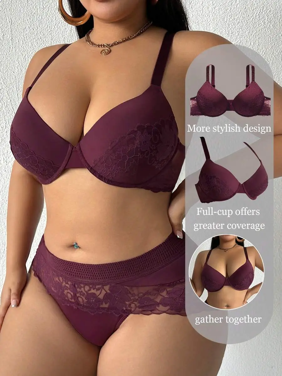 Kallie Chapter 2pcs/Set Plus Size Women Lace Patchwork Underwire Bra And Panty Set, Purple