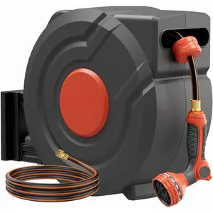 3rd Generation Retractable Garden Hose 100 ft x 1/2 inch Heavy Duty Wall-Mounted Hose Reel 180? Swivel Automatic Slow Return Any Length Lock 9  Nozzle  (Black)
