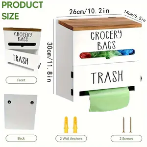 Wooden Storage Box with Grocery Bags Dispenser Two-in-One Under Sink Cabinet Door Mount Space Saving Kitchen Bathroom Natural Wood Organizer 26cm x 14cm