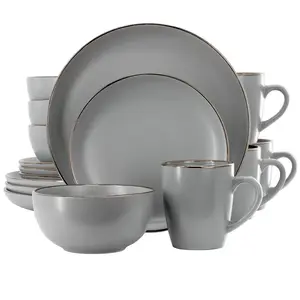 Gibson Home Rockaway 16 Piece Gold Rimmed Dinnerware Set in Grey