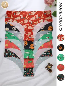 Women's Seamless Thong Panties, Christmas Series Comfortable Design, Straight Waistband Cut, Pack of 5, Ladies Underwear Set