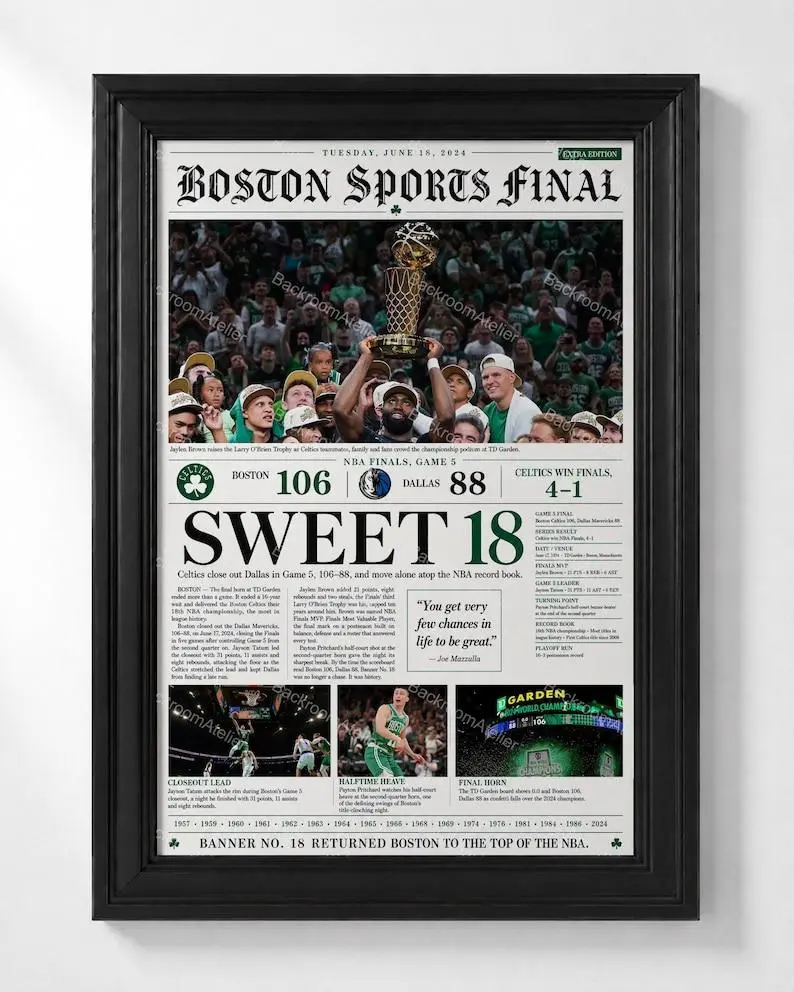 Boston Celtics Sweet 18 Championship Poster, 2024 NBA Finals Game 5 Newspaper Wall Art, Jaylen Brown Tatum Banner 18 Sports Print Gift