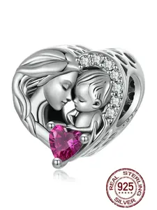 925 Sterling Silver Heart Shaped Pendant Charm, Mother & Baby Charm Bead for Bracelet & Necklace, Fashion Jewelry Accessories for Women & Girls, Exquisite Trendy Pendant