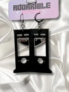 Adorable Mega Guillotine Earrings - 3" Long Acrylic or Wood Dangle with Faux Silver Gold Blade & Fake Blood Lever Back Closure for Stretched Ears Unique Earring