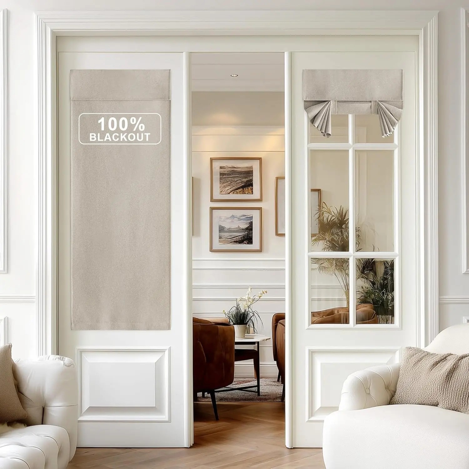 NICETOWN 100% Linen Blackout French Door Curtains, Farmhouse Privacy Door Window Covering, Room Darkening Blinds, Thermal Insulated Shades for Bedroom, 1 Panel