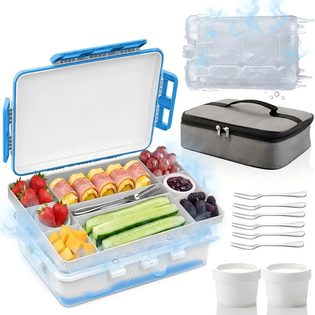 Portable Lunchbox Cooler & Thermal Lunch Boxes Set - Reusable Ice Pack, Divided Serving Tray, Insulated Bag, Dip Containers, Forks for Picnic, Back to School Gifts